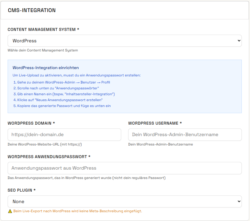WordPress Integration Screenshot